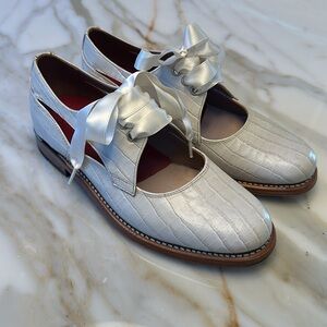 Grenson Crocodile Satin Bow Flats